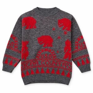 Vintage 1988 Bear Country Sweater USA Gray Red Knit L Cozy Animal Cat Kitty Meow